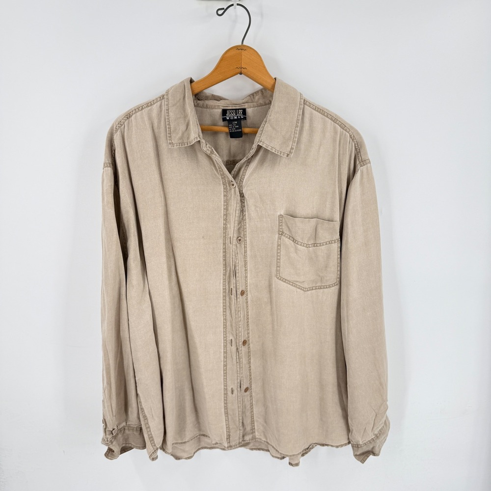 VTG Jessi Lee Woman Silk Button Down Shirt Beige Chest Pocket Collared Size 22W